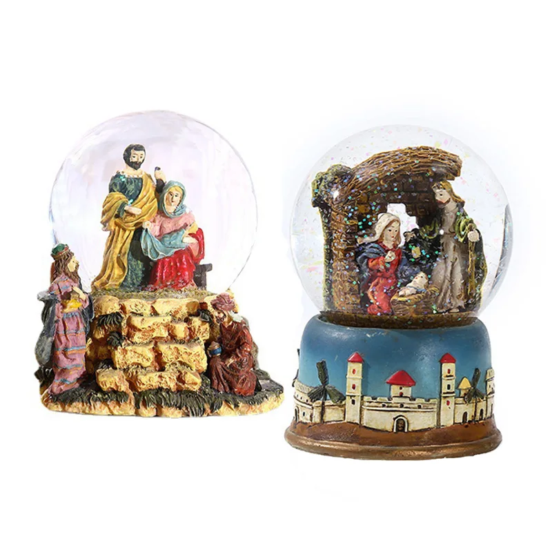 Custom Round Led Music Box resin Snow Globe Jesus nativity snowman cardinal Christmas led light plastic Lantern Decorations