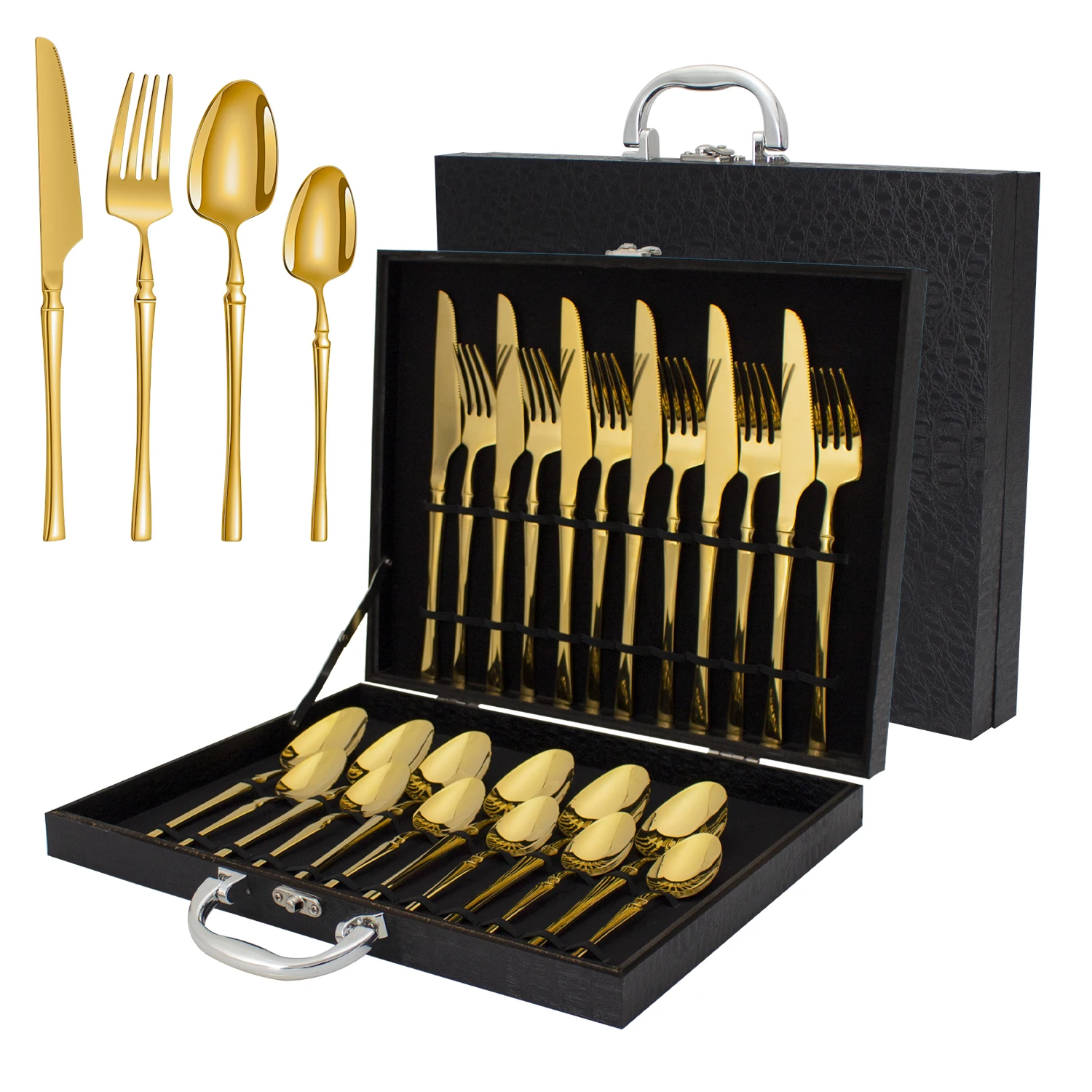 Wholesale small waist design gold flatware set thin handle 24pcs stainless steel cutlery set with black wooden box