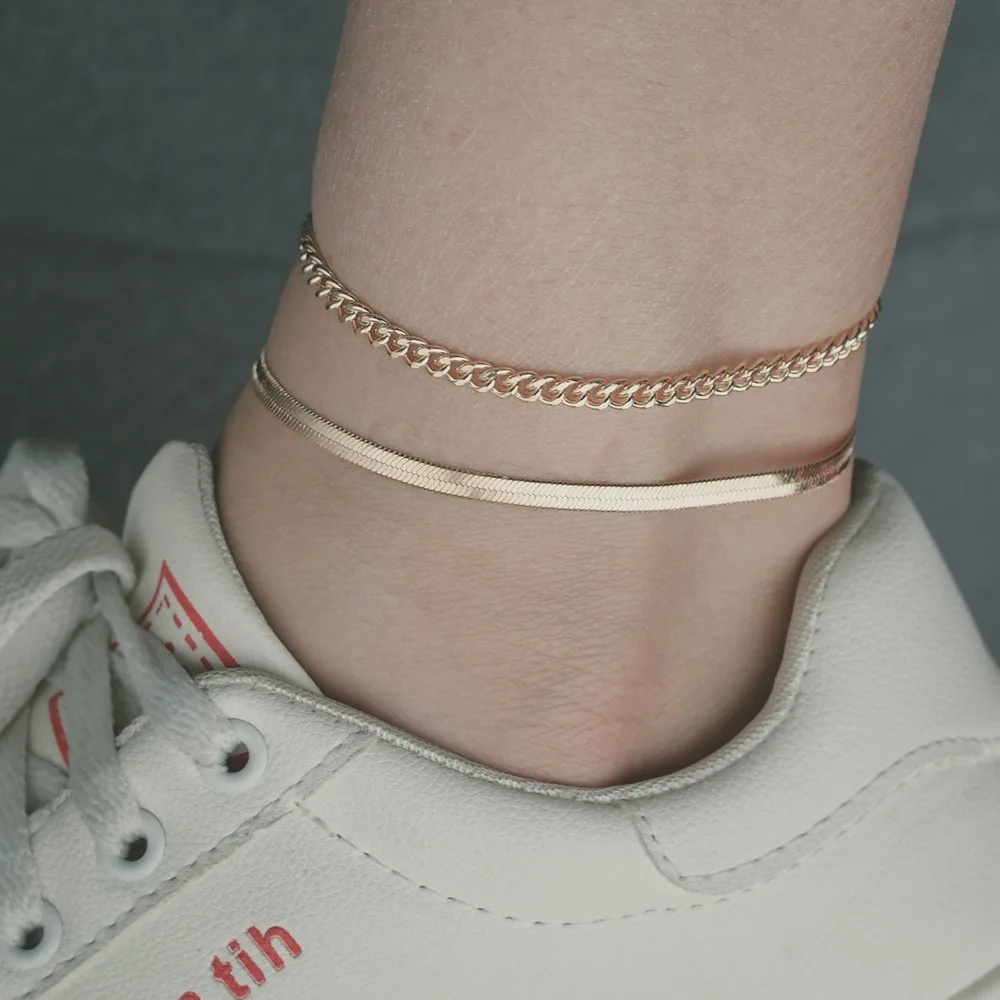 14k gold flat snake chain and cube chain stainless steel anklet set for girls