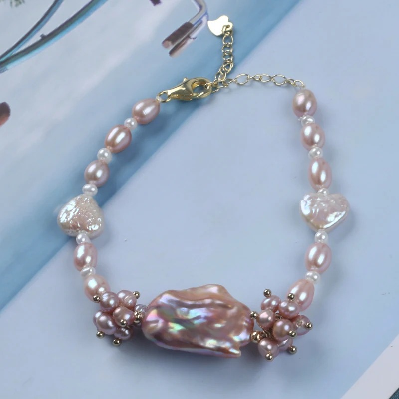 Pink Purple Real Natural Freshwater Baroque Rice Pearl Heart-shaped Star-shaped S925 Silver Bracelet For Women