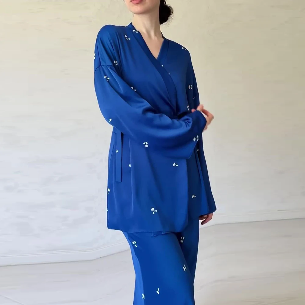 7450 New Muslim Fashion Loose Waist Draped Satin Top Long Skirt Printed Set Islamic Turkish Arab Two Piece V-Neck Costume