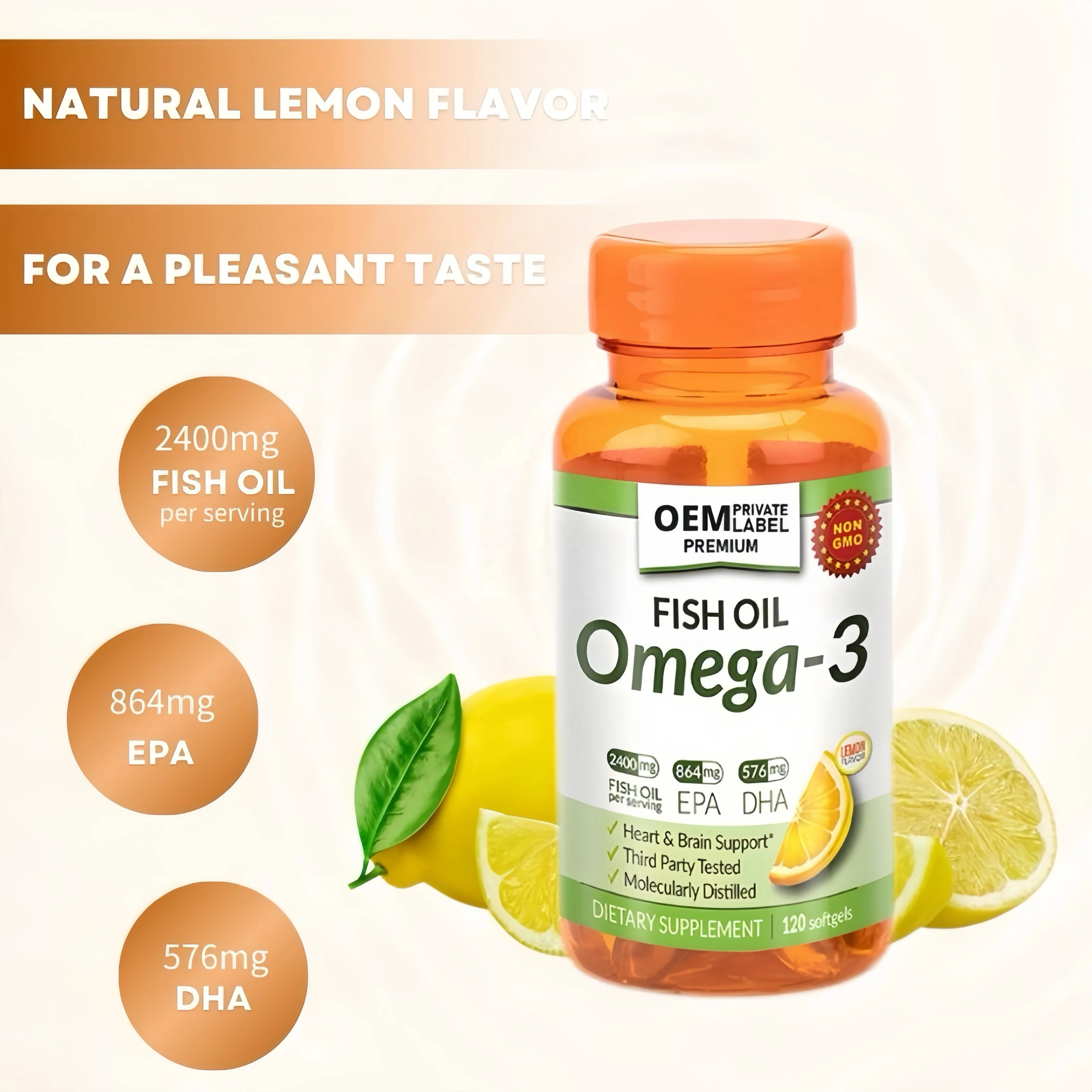OEM Private Label Omega-3 Fish Oil Soft Capsules Omega 3 Fatty Acids EPA  DHA Lemon Flavor 100 Softgels
