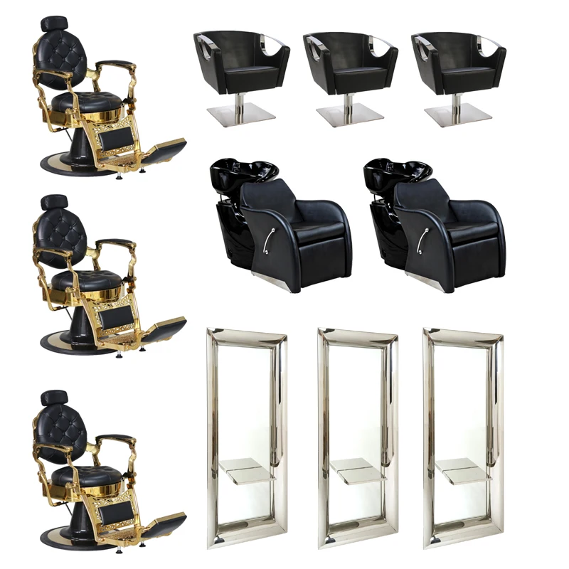 Barber shop styling chair set shampoo hair wash salon equipment and furniture package with mirror station