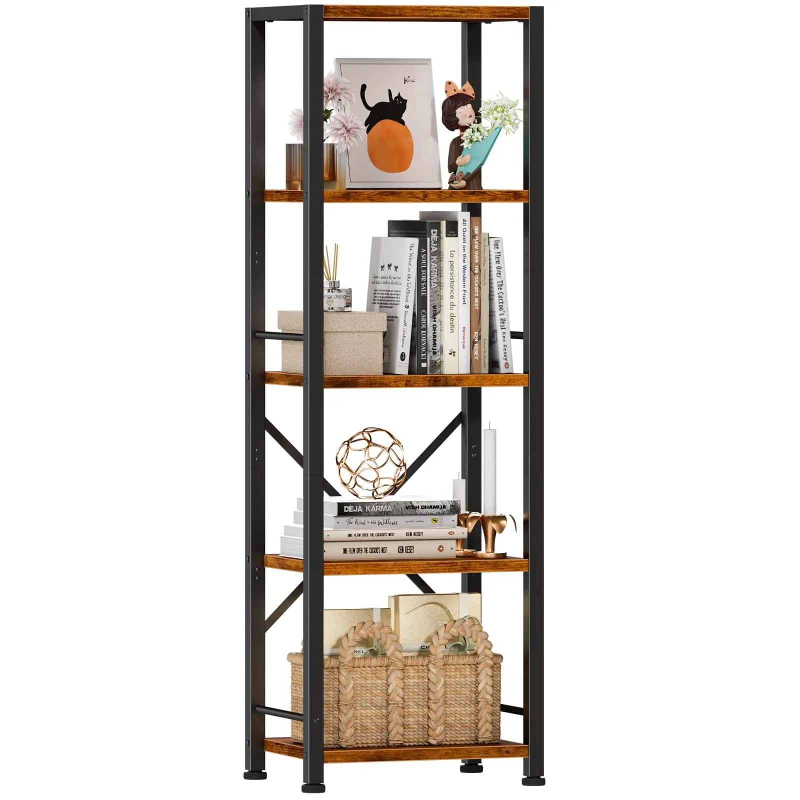 5 Tier Tall Bookshelf Rustic Narrow Bookcase Display Standing Shelf Units Metal and Wood Storage Shelves Organizer for Bedroom
