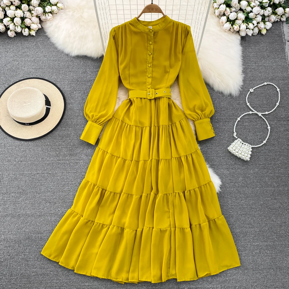 Dress Women Vintage Style Long Sleeve Round Neck Fashion A-line Ruffle Dress Elegant Large Swing Long Casual Dress
