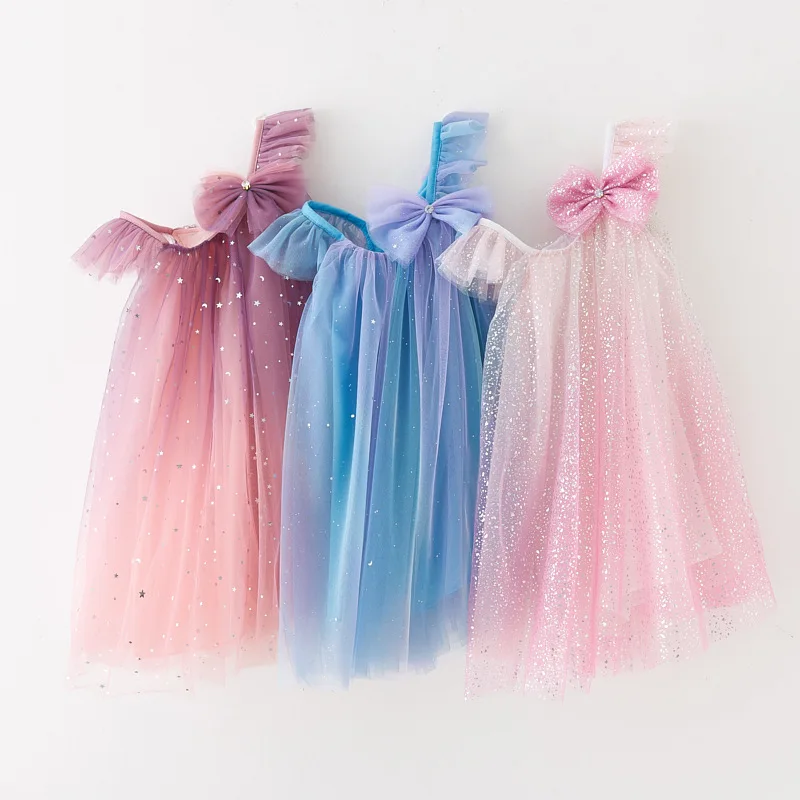 Korean Style Sweet Starry Dress Children mesh Sling Fairy dress new fashion girl flower princess sequins rainbow dress
