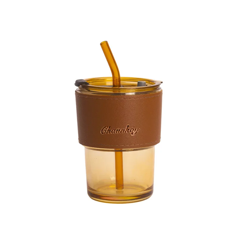 Customizable Logo Transparent Glass Cup Straw Home Companion Gift Leather Case Net Red Bamboo Cup Personalized Mugs Collection