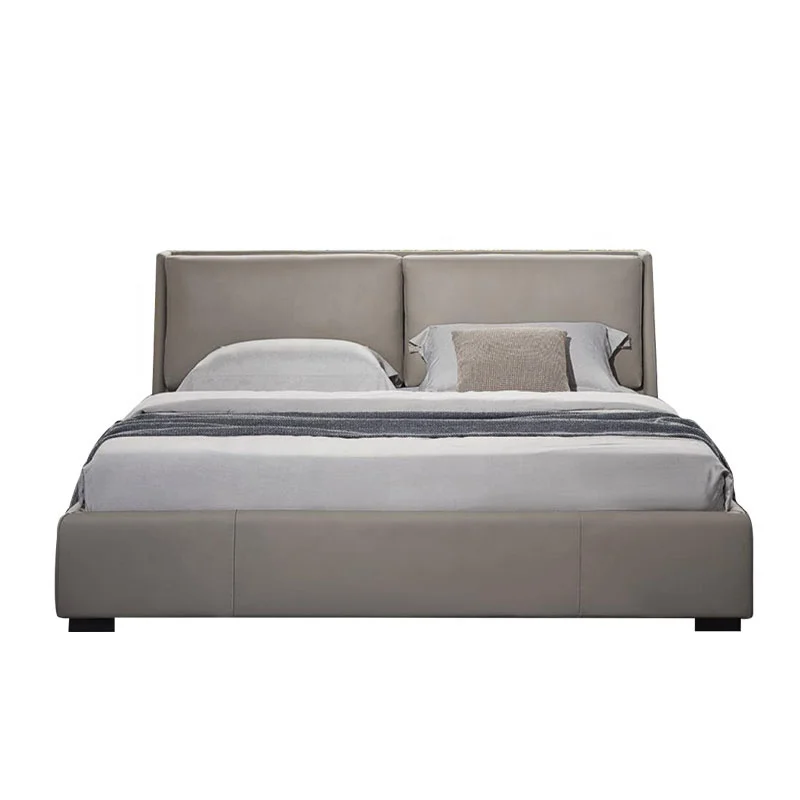 Modern luxury villa bedroom furniture adult double bed solid wood dark grey leather bed