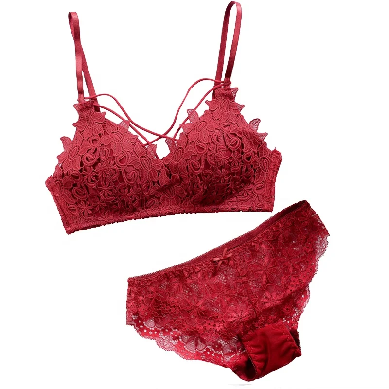 
1931 Girls Gathered Push Up Sexy Wireless Brassiere Briefs Embroidery Lace Bra Sets 