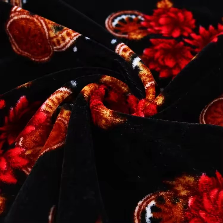 New products woven africa velboa abaya fabric black stretch velvet polyester fabric printed for gown