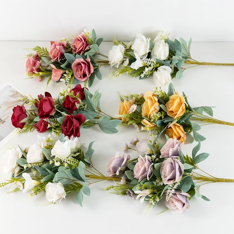 Hot Sale Artificial Rose Flowers Bouquet 11 Heads Fan Rose Bouquet For Wedding Decor
