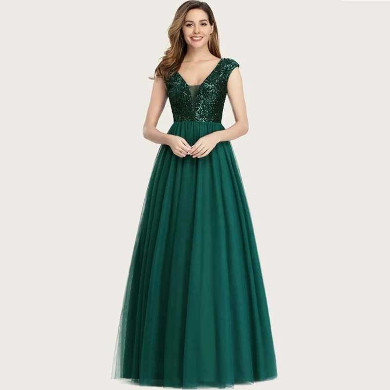 
Hot latest Plus Size O-neck Ladies Elegant Solid Color Sequins Evening Dress chiffon Formal Dress long bridesmaid dresses 