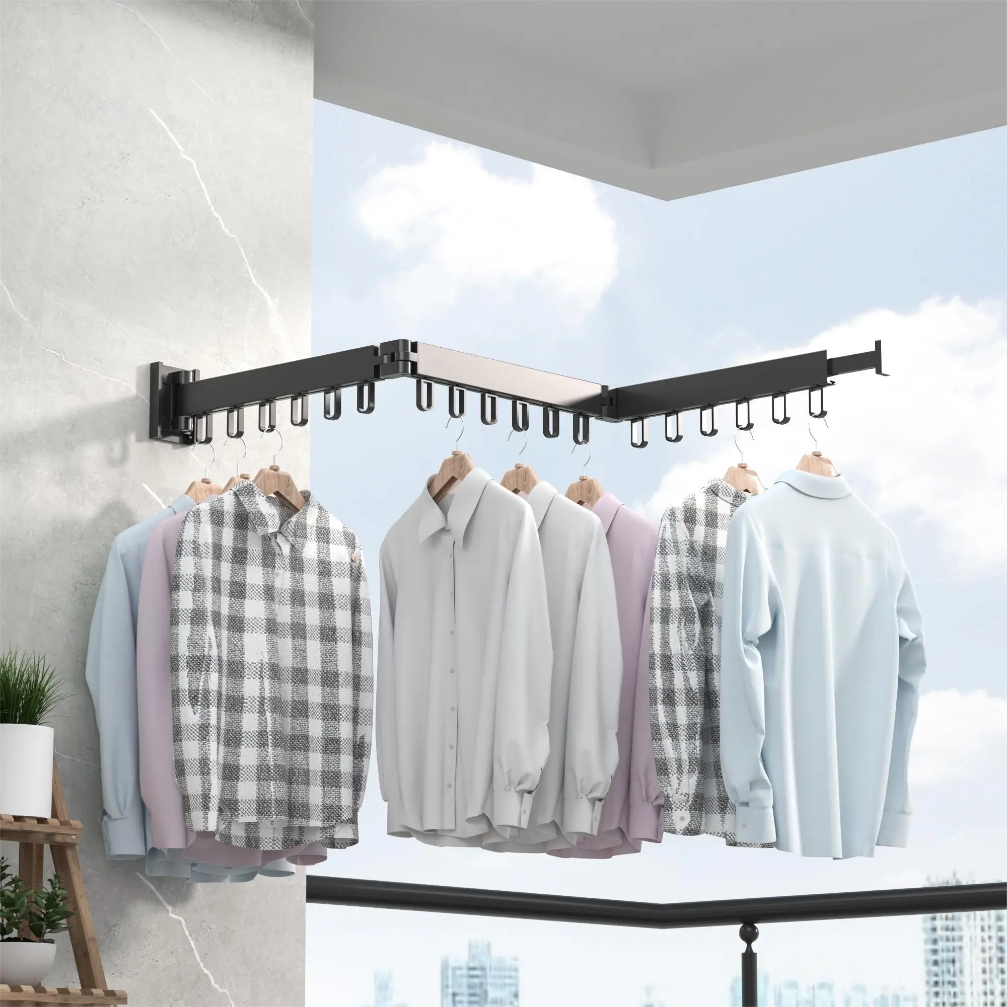 Simple Rotating Ring Grey Three Segments Wall Mount Drying Clothes Rack Folding Hook Closet Aluminum Foldable Clothes Hangers
