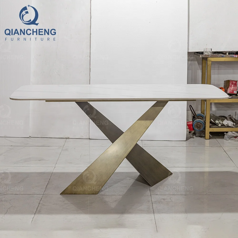 kitchen furniture stainless steel legs dining table luxury design white marble top dinning table set