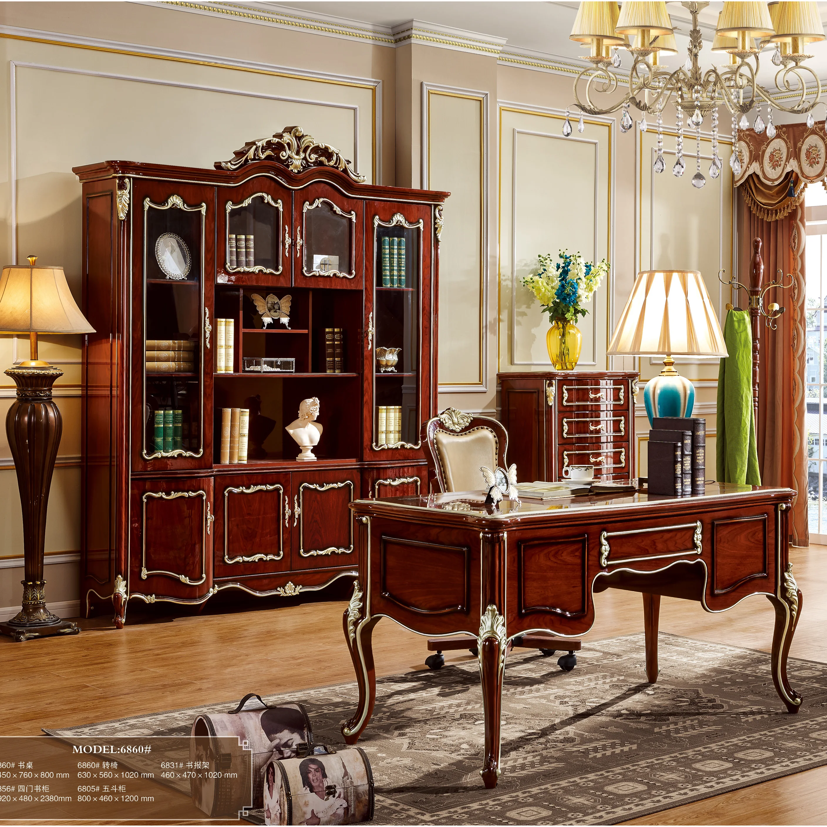 Luxury style four door wooden bookcase classic royal home office bookcase