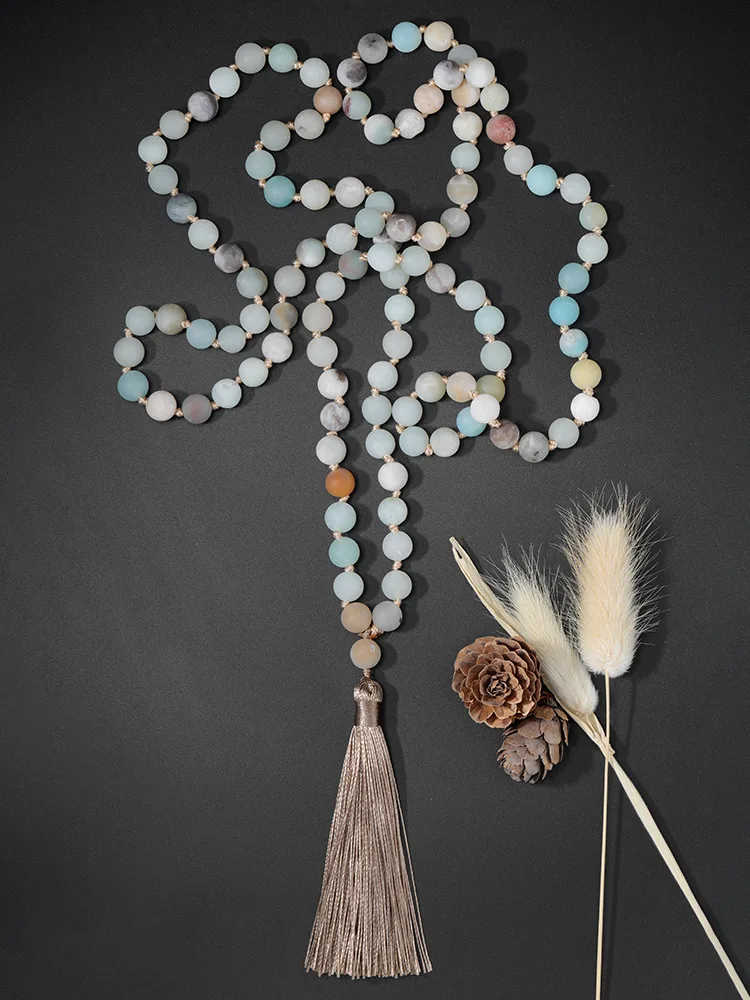108 Mala Beads Necklace Semi-Precious Amazonite Gemstones Meditation Necklace Hand Knotted Mala Beaded Tassel Necklace