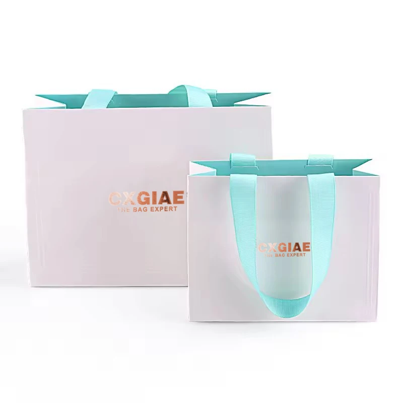 Custom Gold foil Logo Shipping paper bag Packaging White Bags For Gift and With Embedded Handle
