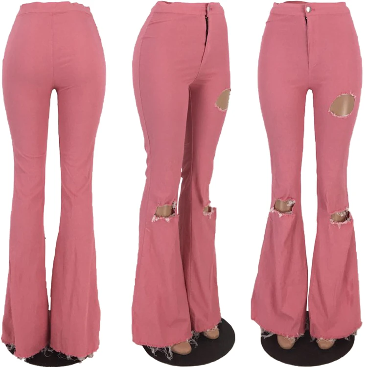 
08AF102 New design solid color washed hole elastic force women Skinny Jeans denim flared pants 