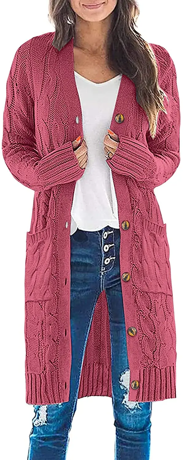 Custom LOGO OEM & ODM    Hot Sell Womens Long Sleeve Cable Knit Long Cardigan Plus Size Open Front Button Sweater