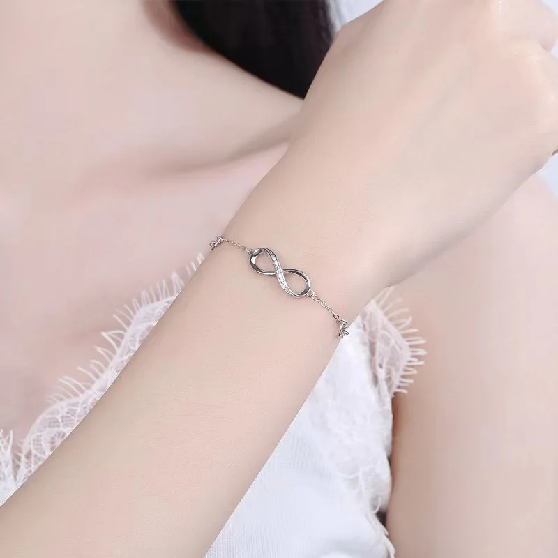 Real 925 silver bracelet, plated platinum shiny zircon female sterling silver bracelet, fashion 8-shape bracelet 18k gold plated