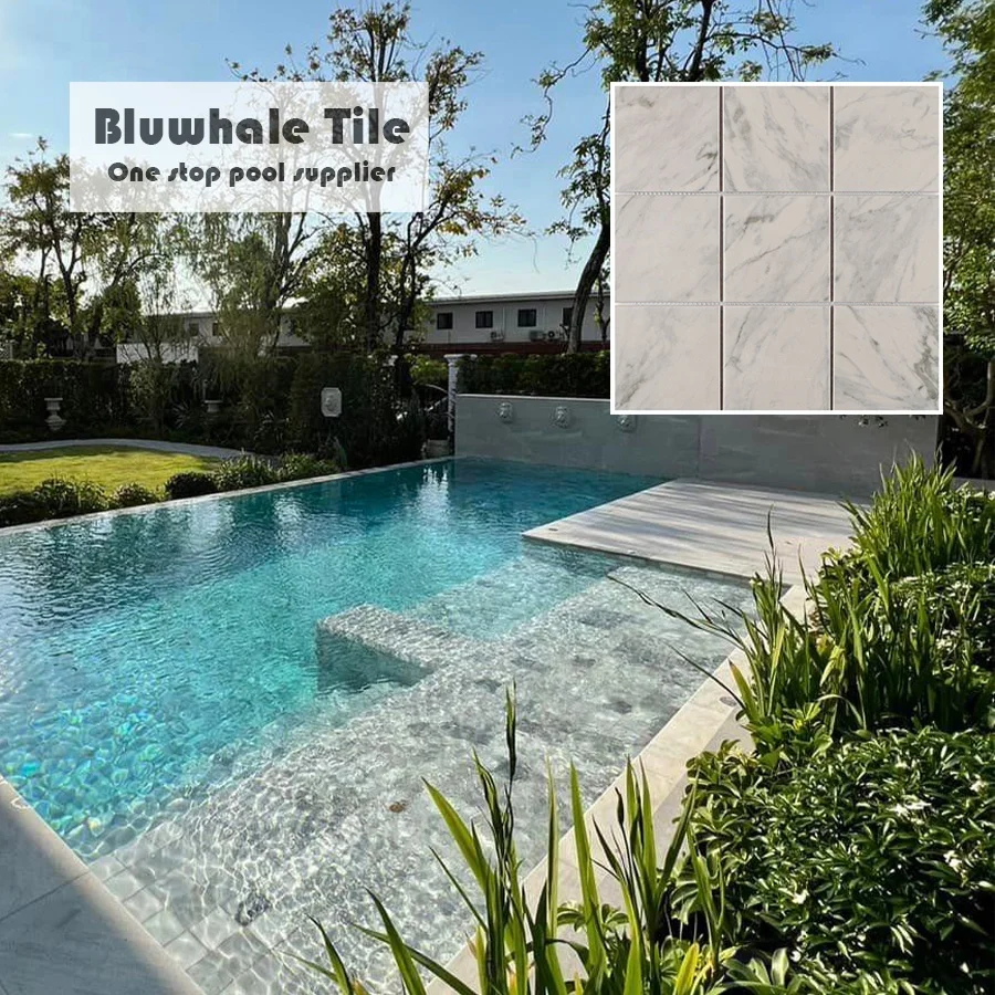 Bluwhale Tile 4x4 Antique Carrara White Marble Look Anti Slip Sukabumi Stone Bali Pool Tiles Ceramic Mosaic for Indoor Outdoor