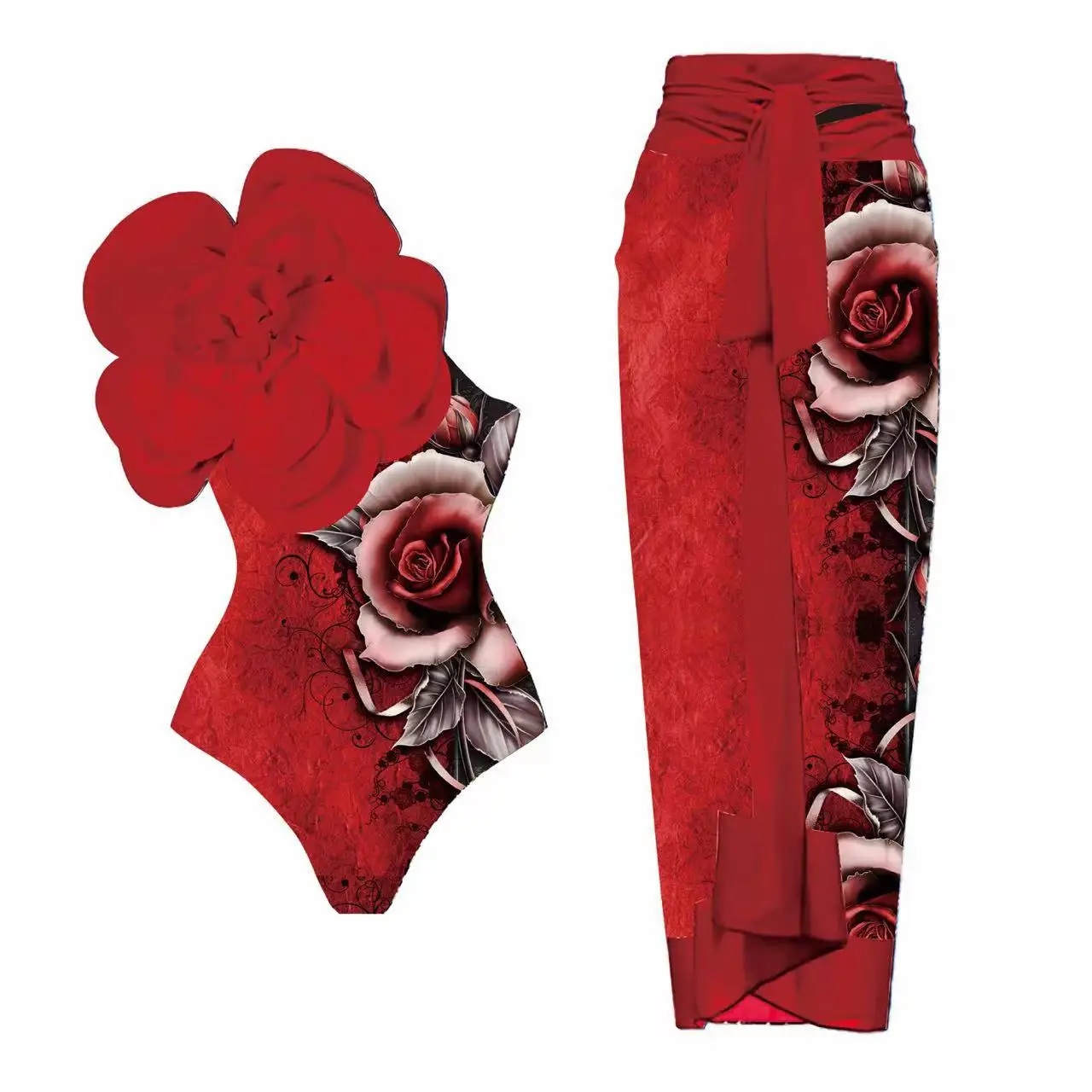 Sexy Swimwear Blue One-Shoulder Ruffled Print Floral Swimsuit Set Girls Summer Beach Cover Up Single Piece Micro Monokini