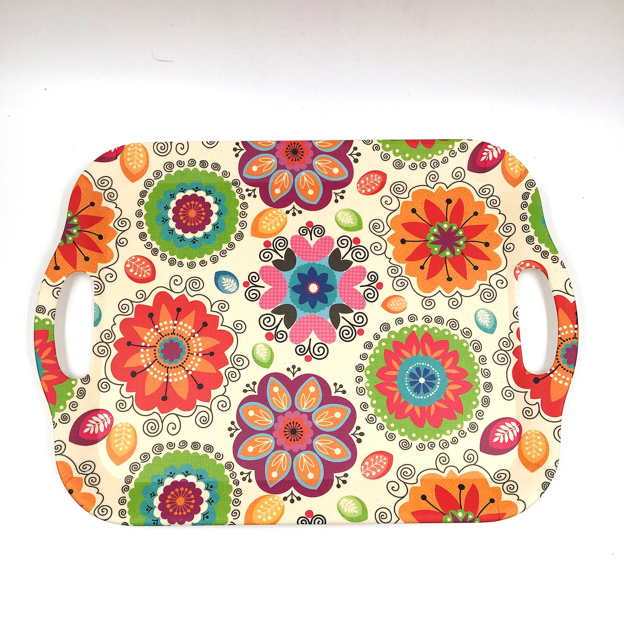 natrual bamboo fiber tray,  non-slip square serving tray, decal tray with hand grip