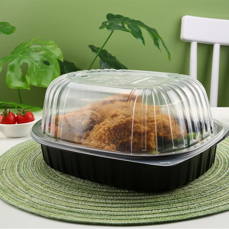 Disposable Microwave Turkey Box Plastic Packing Roast Chicken Turkey Container Black Tray Box With Transparent Cover