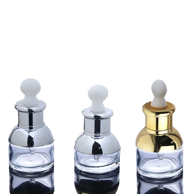 Hot Sale Luxury 1oz Empty Serum Bottle 20 ml 30 ml Round Clear Glass Dropper Gold Silver Shoulder Essential Oil Bottles (GLD03)