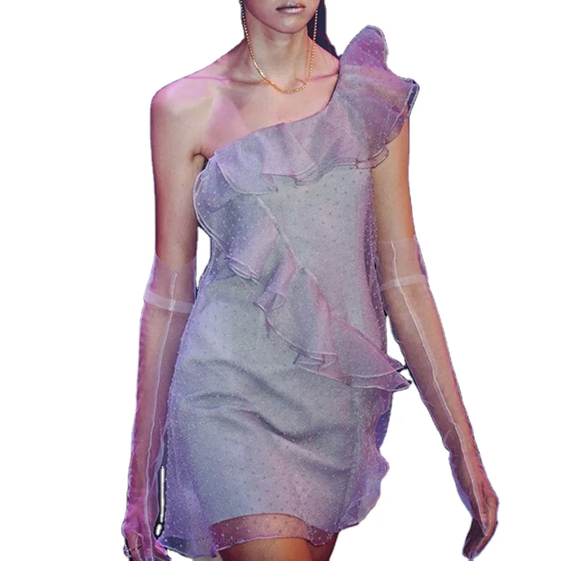 Весна и лето 2020 Новое тайское Трендовое Брендовое серое гофрированное платье с бантом на косой плече мини платье Прямая поставка