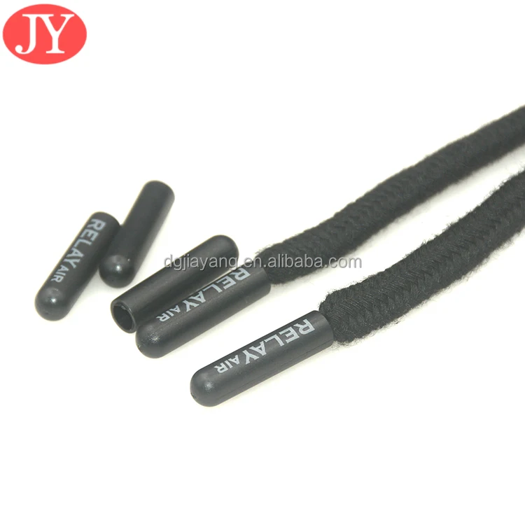 5 mm cotton flat string with ABS plastic aglet tips custom engraved logo on shoe lace tipping 5*3.8*20 mm glue aglet string tip