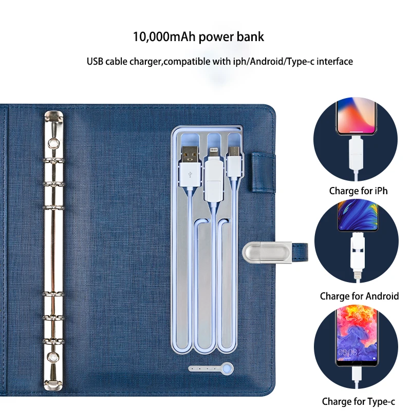 Multi colors binder Factory brand a5 diary notebook with power bank and usb flash drive loose leaf notebook with cable charger