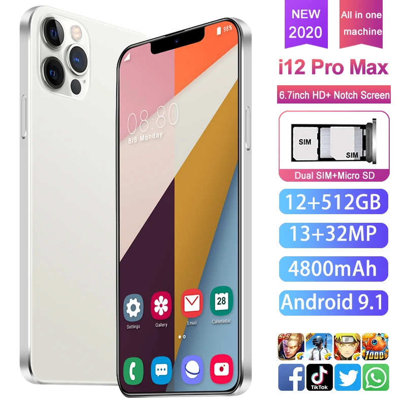 2021 Wholesale Unlock Cheap Price I12 Pro Max 6.7 Inch 12Gb + 512Gb Android Smartphone 10 Core 5G Smart Mobile Phone