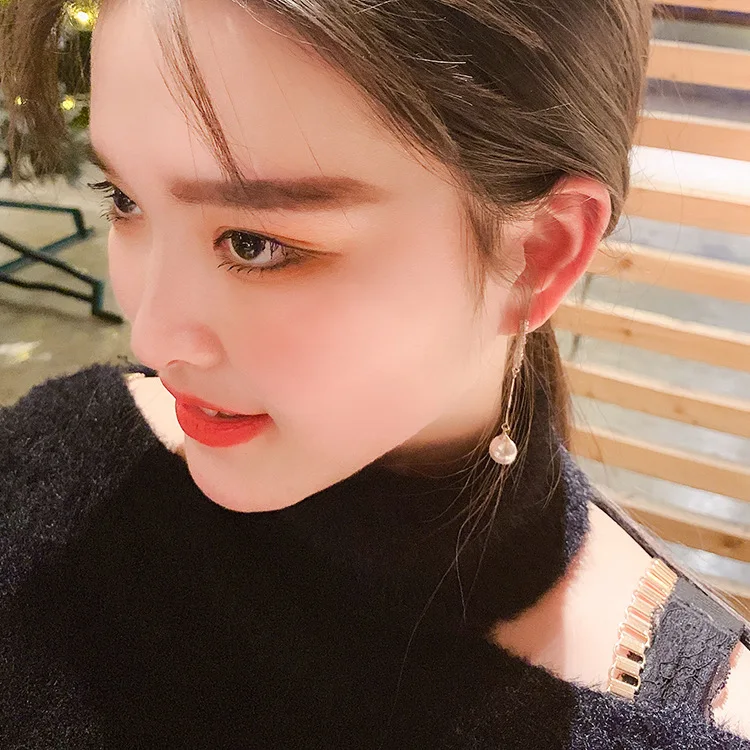  Jewelry 925 silver needle pearl long earrings female temperament celebrity Zircon Earrings simple