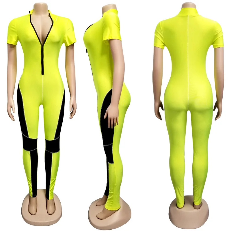 Street wear hip hop neon green bodysuit pants wholesale slim fit tracksuit women