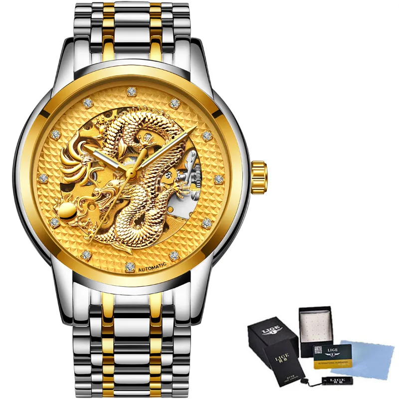Dragon Skeleton Automatic Mechanical Watches For Men Wrist Watch Stainless Steel Strap Gold Clock 30m Waterproof Mens watch