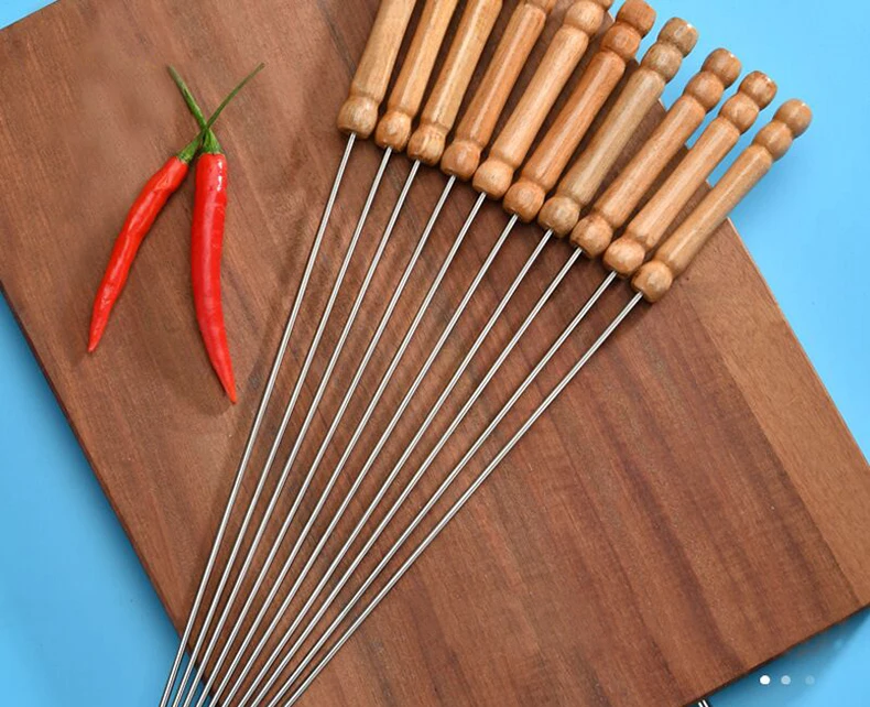 F1-358 Stainless Steel Needles wooden handle Grilling kebab Skewers Barbecue Roasting Sticks wood Bbq tools accessories skewers