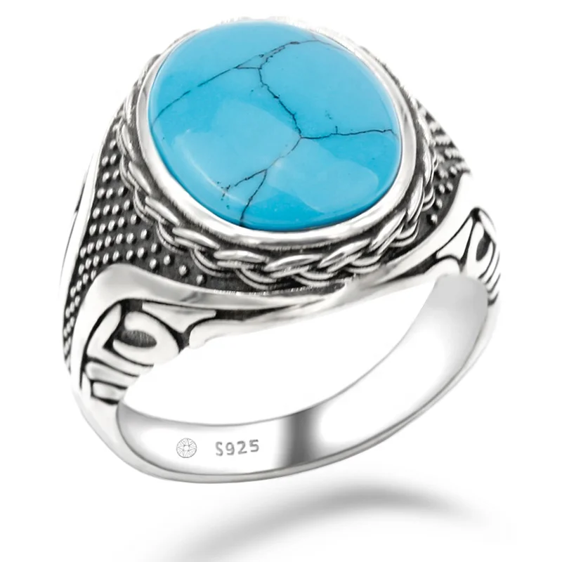 Wholesale S925 Silver Blue Turquoise Stone Rings for Men Turkish Jewelry