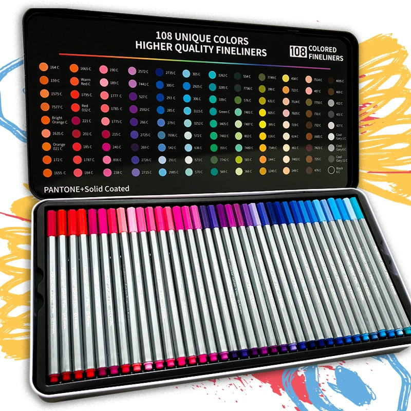 
108 Colors 0.4mm Tips Fineliner Color Pens Fine Tips Markers With Tin Box Packaging 