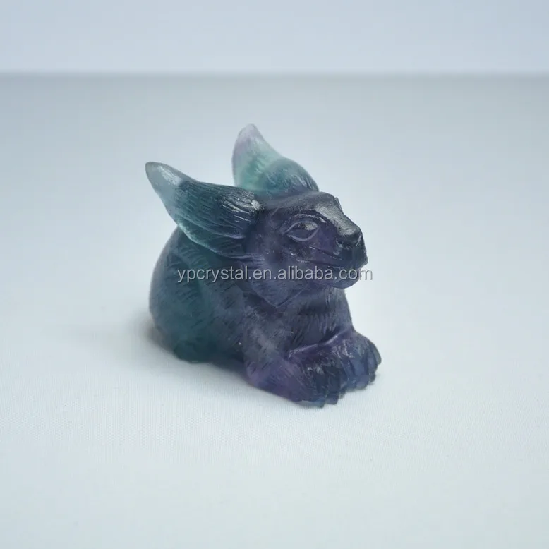 Wholesale Natural Semi-precious Stone Carved Crystal Craft Rainbow Fluorite Animal Rabbit Figurine