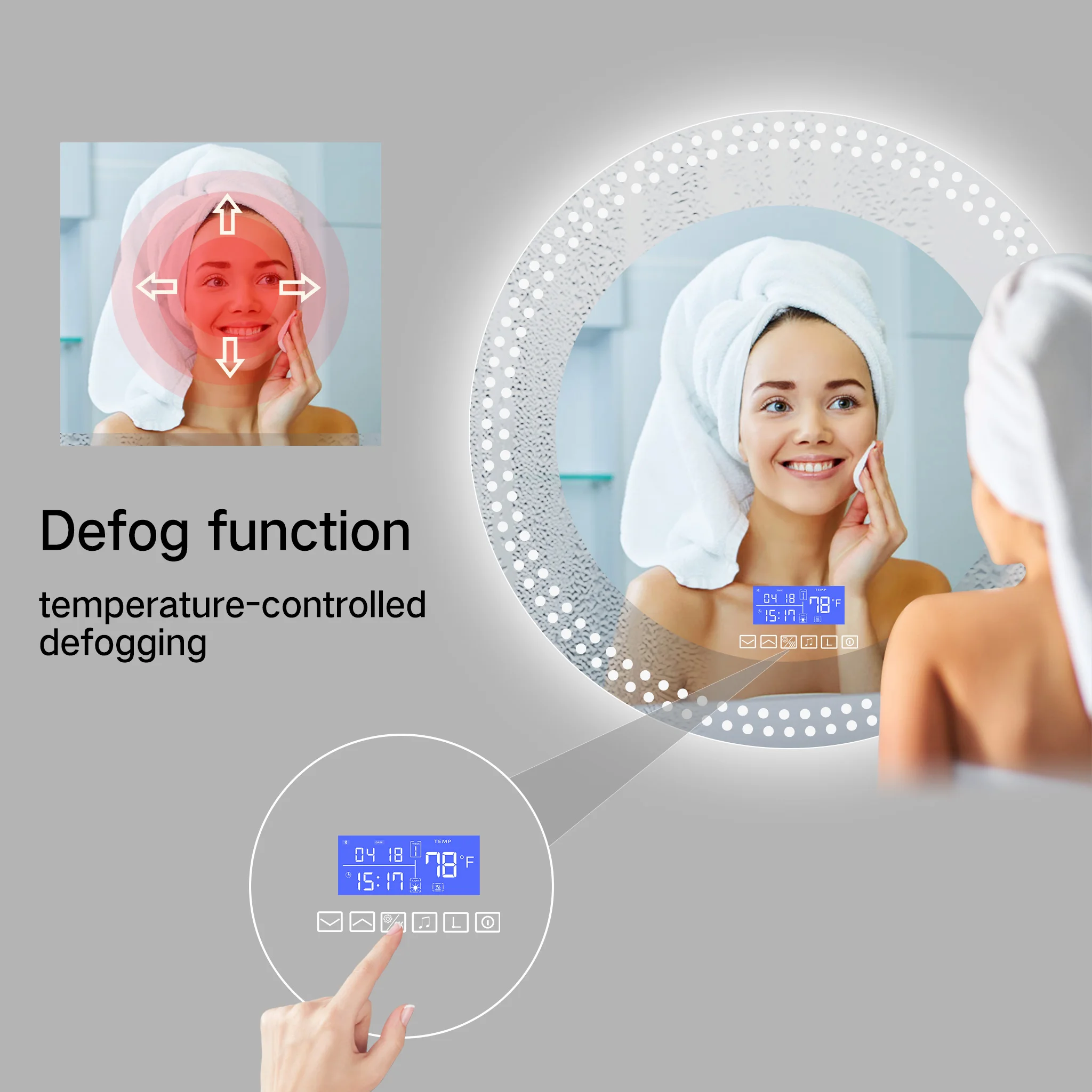 Round LED smart LED lighted bathroom mirror with radio Bluetooth