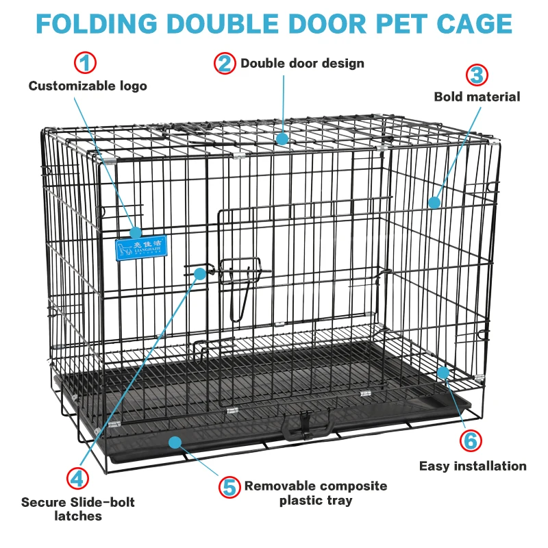 2023 Hot Sale Amazon New Large Portable Kennel Puppy Black Foldable Carrier Stainless Steel Kennel Dog Cages Pet Cage for Sale