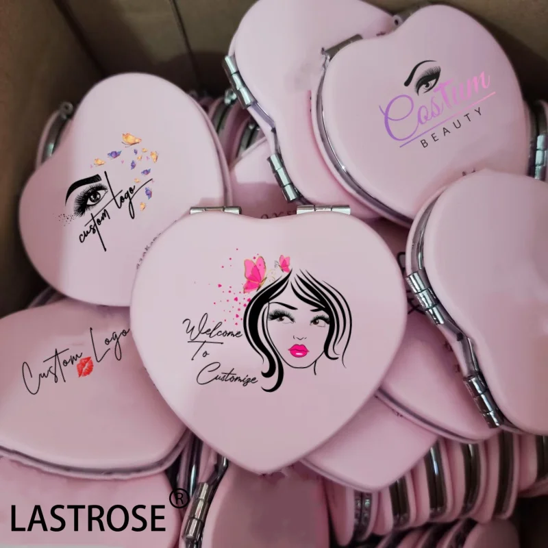 Wholesale pink heart compact mirror pu leather mini pocket makeup mirrors private label metal cosmetic mirror