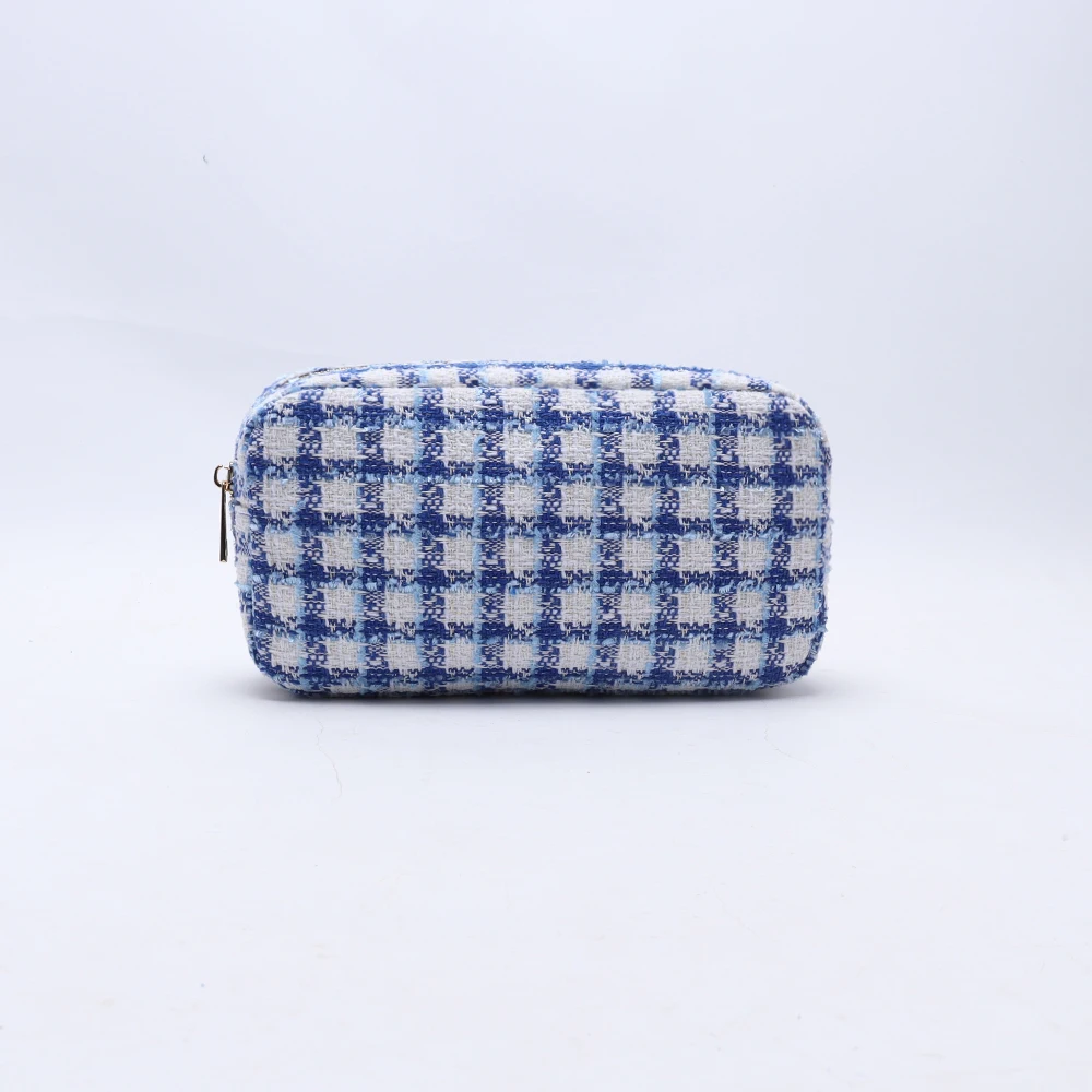 Keymay Stock NO MOQ Premium Tweed cosmetic make up case bag for Ladies Multi Use Pouch Large Capacity Zipper Pouches Custom