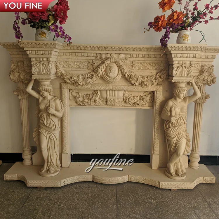 
Hand Carved Marble Lady Statues Fireplace Surround 