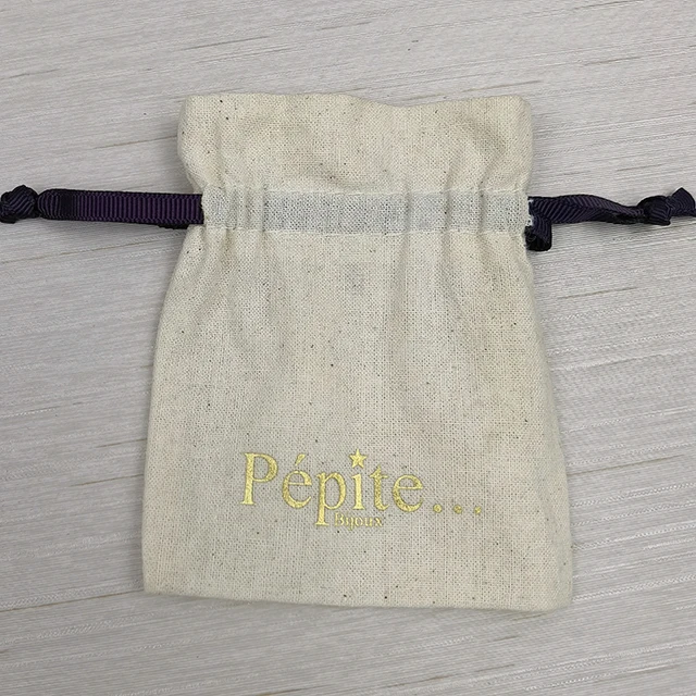 Recyclable Calico Gift Custom Logo Design Small Natural Color Bulk Recycled Jewelry Drawstring Cotton Pouch
