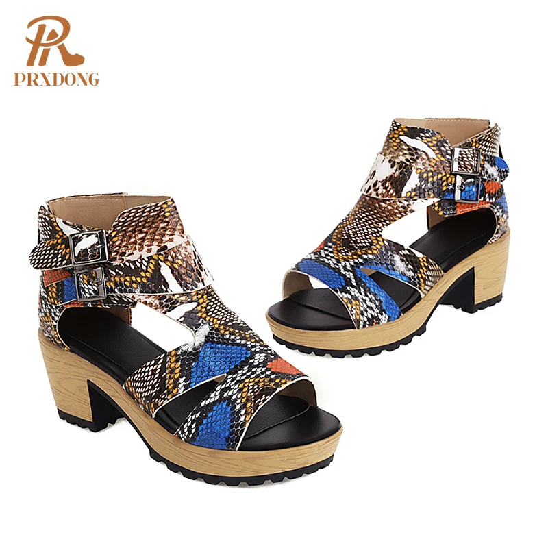 
Summer Autumn Women Open Toe Casual Pumps Snake Pattren Mixed Color Female Sandals High Heels Platform Shoes Buckle Zip Big Size 