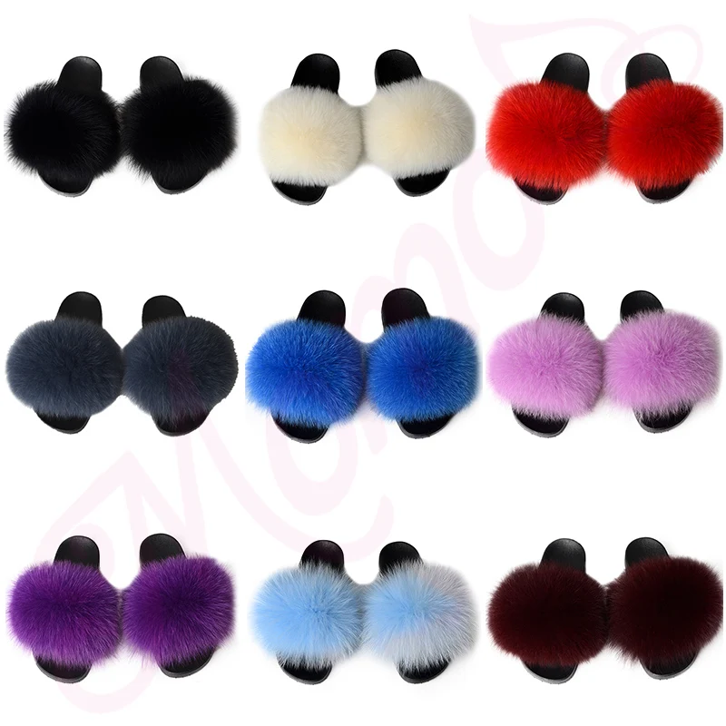 
Wholesale new style fluffy women real fox fur slides soft bedroom fur slippers 