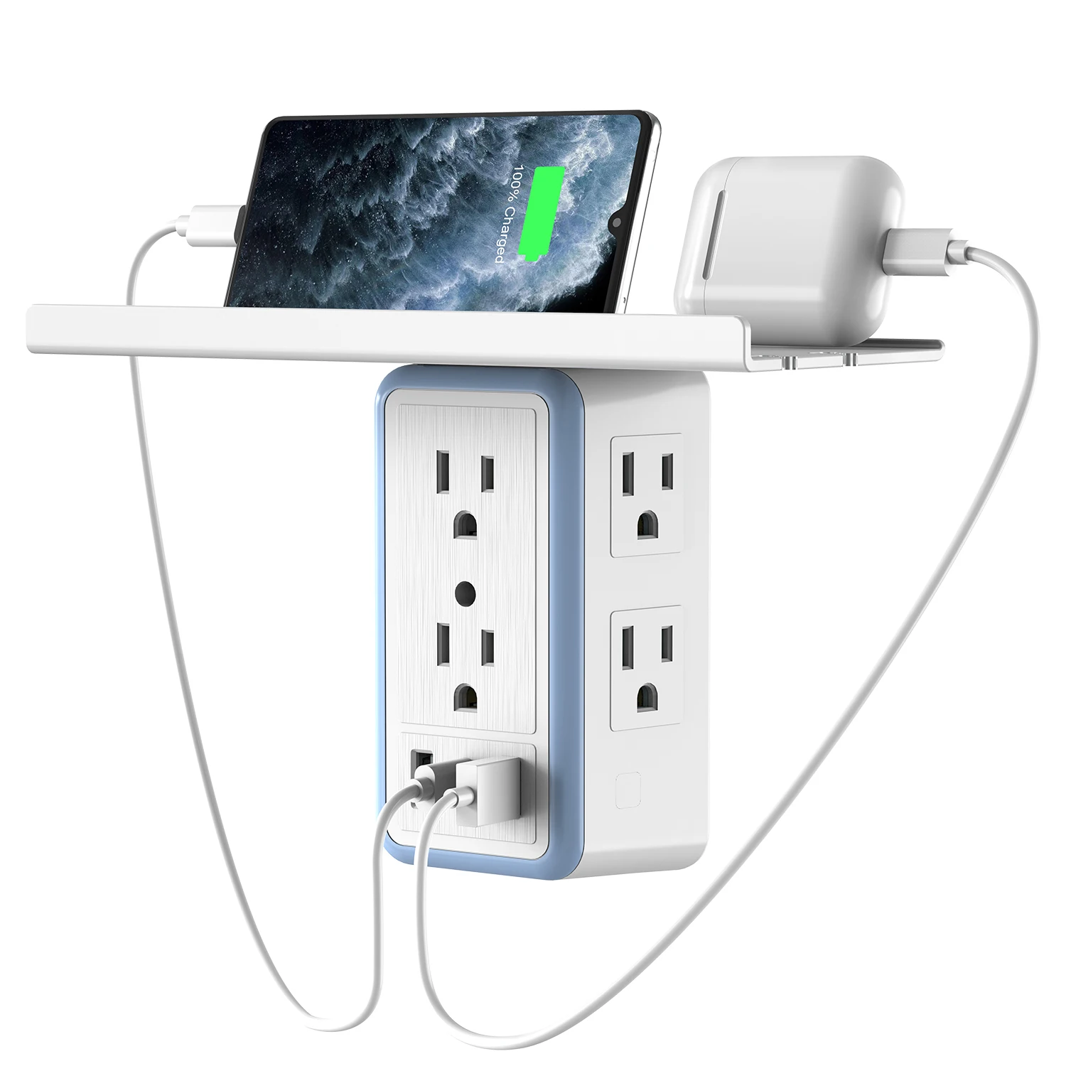 6 Electrical Outlet 2 USB Charging Ports Power Strip Multi Function Night Light Smart Wall Outlet Socket With Shelf And Holder