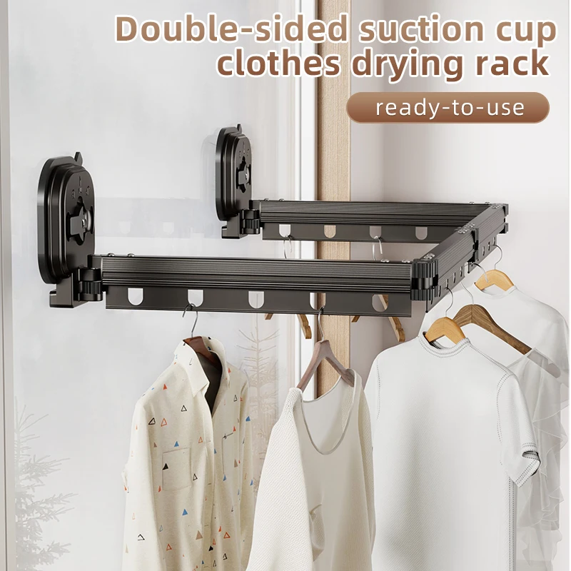 Double Side Wall-Mounted Folding Dry Rack Laundry Room Balcony Strong Aluminium Suction Cup Punch-Free Retractable Clothes